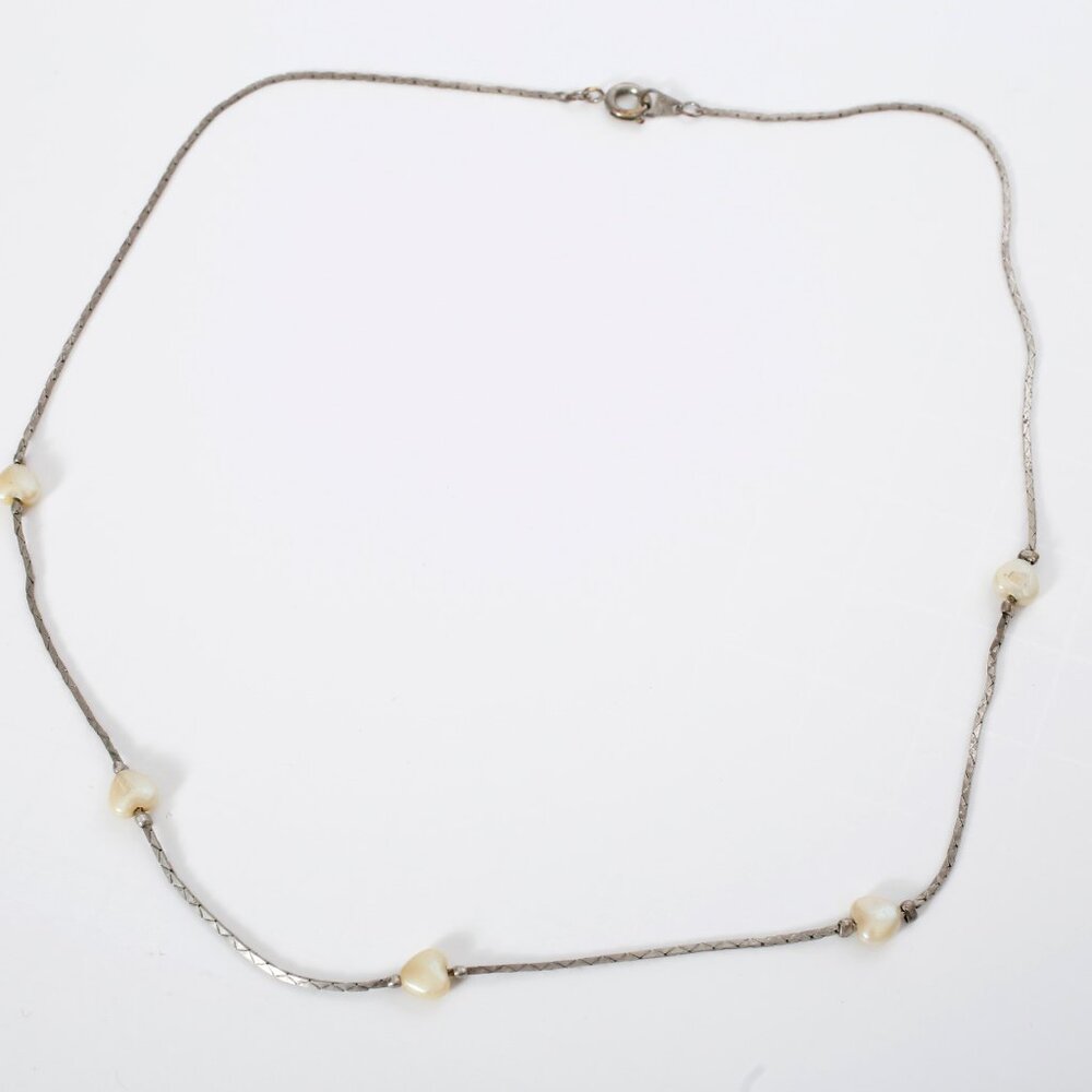 Vintage Korea Pearl Heart Silver Necklace 16"
